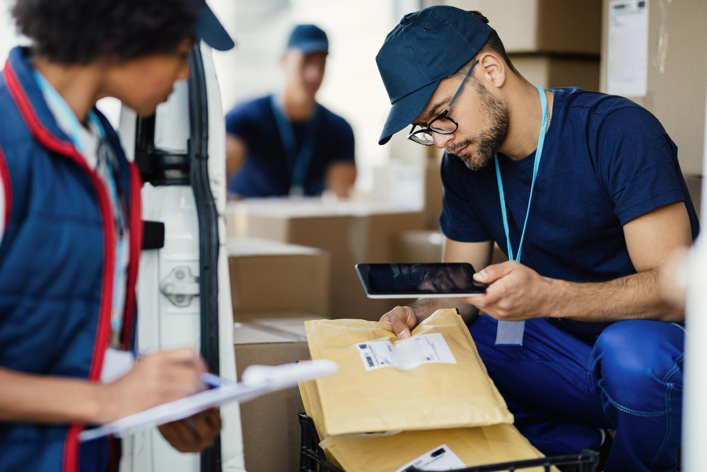 Customs clearance staff inspecting a package and reviewing shipment details