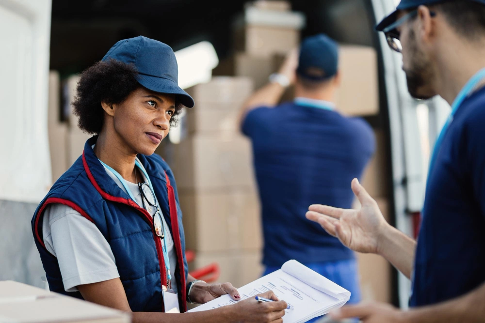 Customs clearance professionals reviewing shipping documents and cargo
