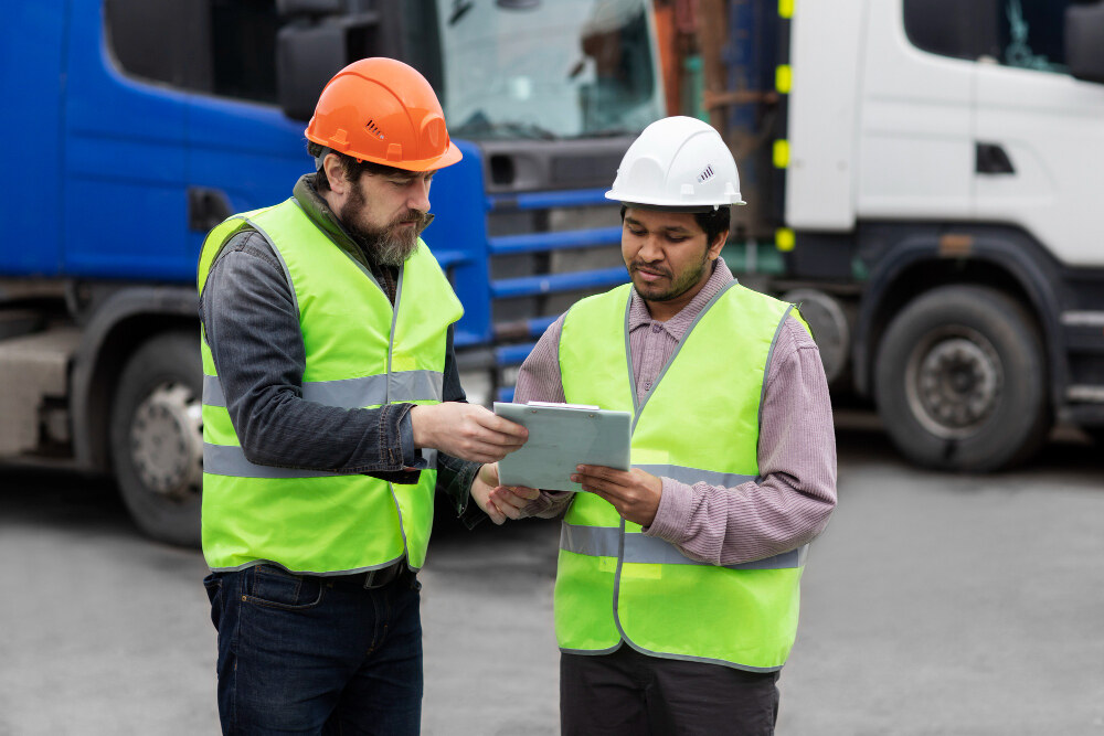 Project cargo logistics professionals reviewing shipment details near freight trucks