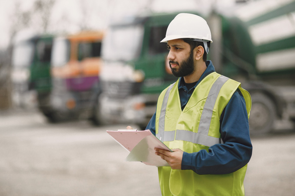 Logistics professional inspecting cargo and documenting road transportation operations