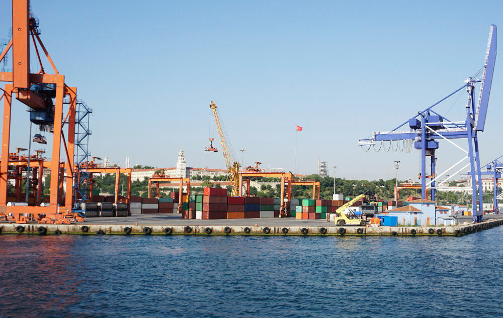 Sea freight forwarding company handling cargo at a busy shipping port
